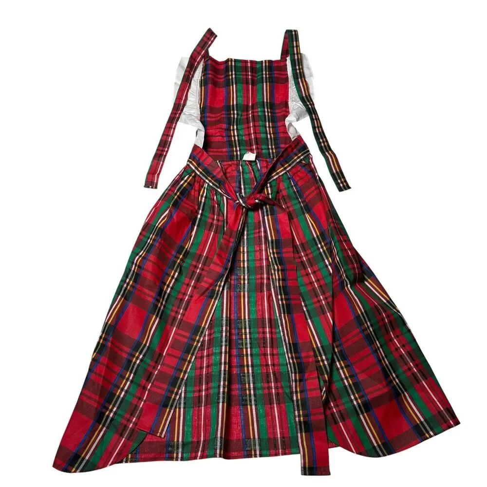 Vintage Christmas Plaid Hostess Apron Red Green Silver Ruffle Full Skirt Retro